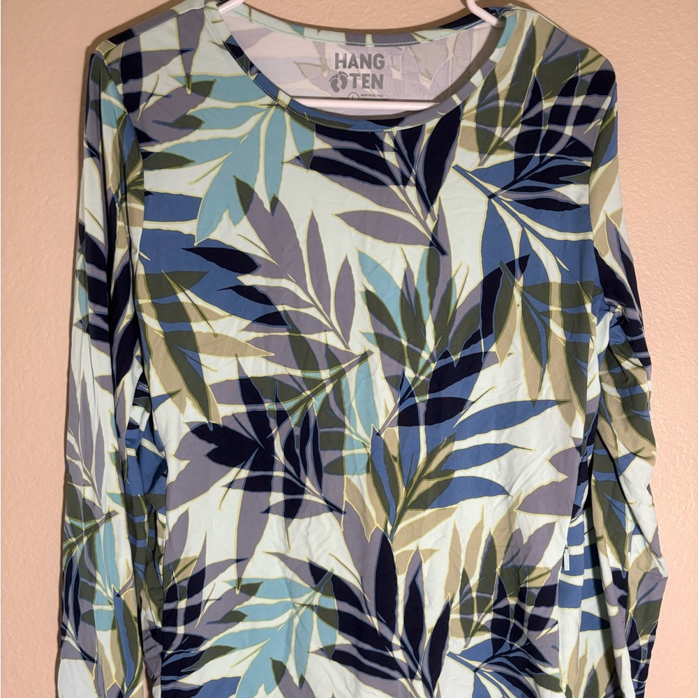 Hang Ten Leaf Print Long Sleeve Swim Shirt - Blue, Green, and Cream